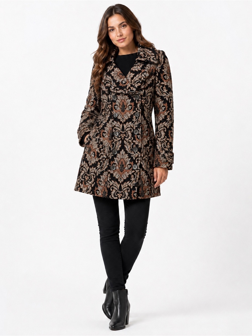 Hazel Brocade Tapestry Coat S Black Bronze Floral Double Breasted Baroque